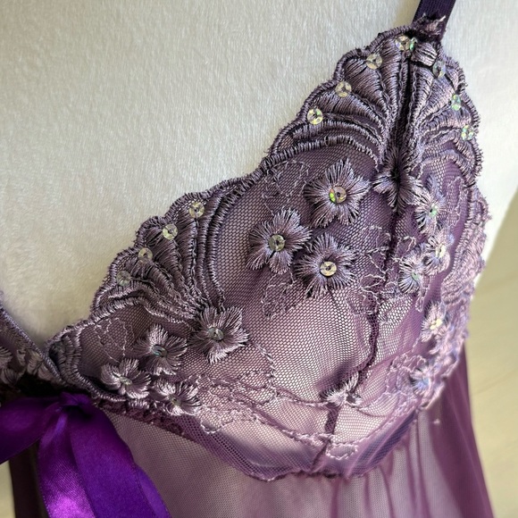Womens 2XL Sheer Mesh Babydoll Mini Slip Dress Sequins Embroidery Purple Sexy - Picture 9 of 9
